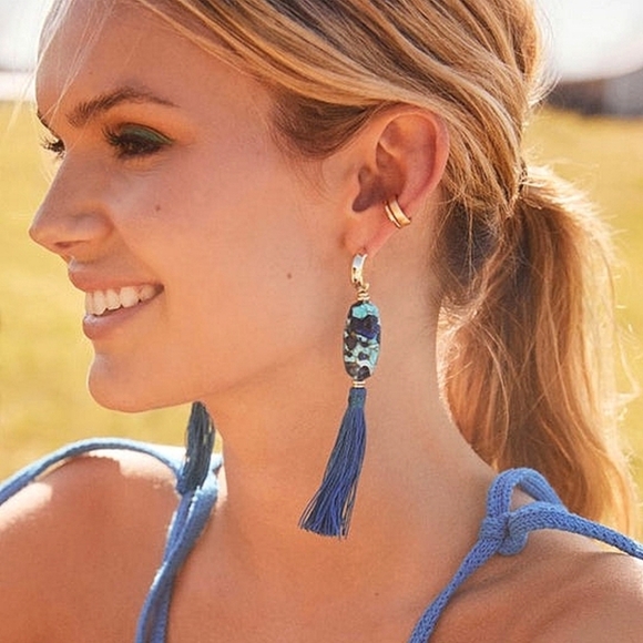 Kendra Scott Insley Statement Drop Earrings Blue Bronze Lapis Blue Tibetan Cord - Picture 1 of 7